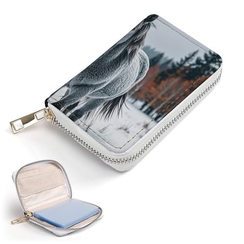 RFID Credit Card Holder Wallets for Women Cute Small Leather Ladies Cardholder Wallets Gray Horse in Winter Landscape Snowy Wilderness Card Organizer Case with Zipper2