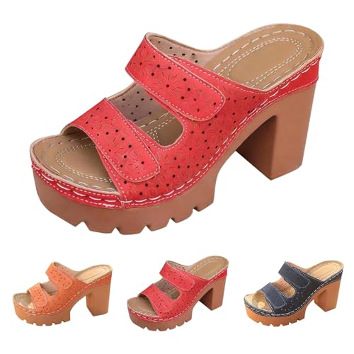 Momolaa Size 6 Women's Slide Heeled Sandals Platform Opened Toe Chunky Block High Heel Mule Slippers Slip on Womens Slippers Ladies K01-Red Sandles