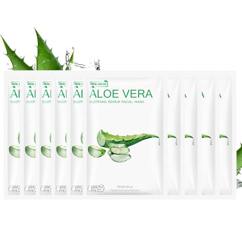 Aloe Vera Maske - 10 Stück Feuchtigkeitsspendende Aloe Vera Tuchmasken Gesicht, Beruhigende Hautpflege Gesichtsmaske, Aloe Sheet Mask für trockene fettige und empfindliche Haut