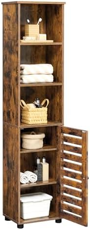 VASAGLE Meuble de Salle de Bain, Étagère de Rangement, Placard Haut, avec 3 Compartiments Ouverts et 2 Étagères Réglables, Salon, Entrée, Marron Rustique BBK160X01