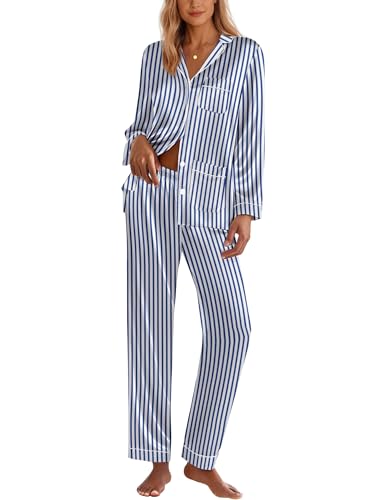Image of Ekouaer Pajamas for Women Silk Satin Button Down Long Sleeve Pajama Sets
