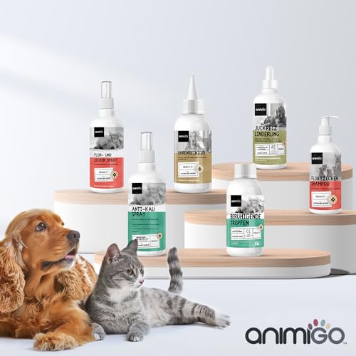 animigo Beruhigungsmittel für Hunde & Katzen - 100ml Entspannungs- & Anti-Stress-Mittel für Haustiere - Mit L Tryptophan, Vitamin D3, Zink, Taurin - Gelassenheit bei Stress, Feuerwerk, Unruhe & Reisen