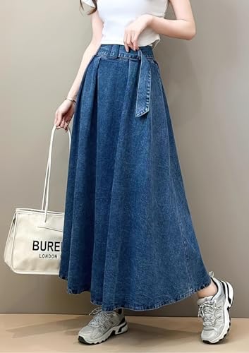 chouyatou Women's Ruffle Denim Skirt Elastic High Waist Pleated A Line Swing Maxi Long Jean Skirt with Belt3