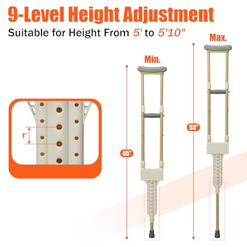 Aluminum Crutches for Adults, Pair of Height Adjustable Crutch (Fits 5'0" - 5'10"), Universal & Lightweight Crutches for Kids, Women, Includes Padded Underarm Cushions, Rubber Tips, 300 lbs Capacity by UIABOPZ - Image 2