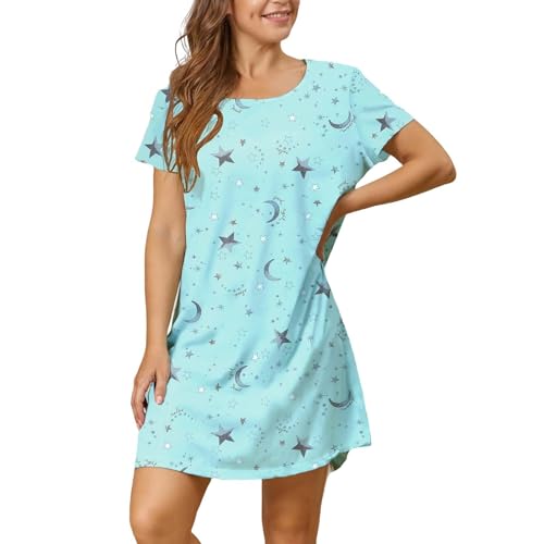 Camisas de noche sexy mujer manga corta camisón mini vestido de noche elegante ligero camiseta sexy chic transpirable pijama impreso cómodo babydoll suave casa de verano, Z-mint Green, L