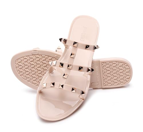 Image of Women Flats Sandals, Studded Jelly Shoes Size 9 Red Dressy Summer Beach Rivets Strappy Jellies Slide Slip On Open Toes