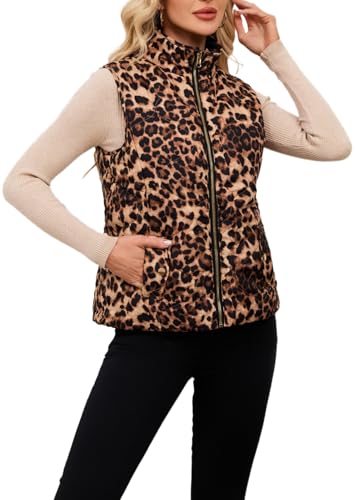 LifeShe Women Leopard Quilted Vest Stand Collar Zip Up Reversible Puffer Vests Sleeveless Padded Gilet Coat with Pockets4