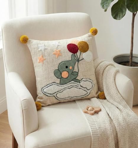 Image of Cotton Fabric Embroidered Kids Cushion Cover Covers for Sofa Set /Diwan Beds 16 x 16 Inches or 40x40 cms Elephant Cushion, Sofa Throw Pillow Cover Only, Set of 1 Pc