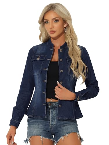 Allegra K Casual Denim Jacket for Women's Classic Stand Collar Long Sleeve Jean Jacket