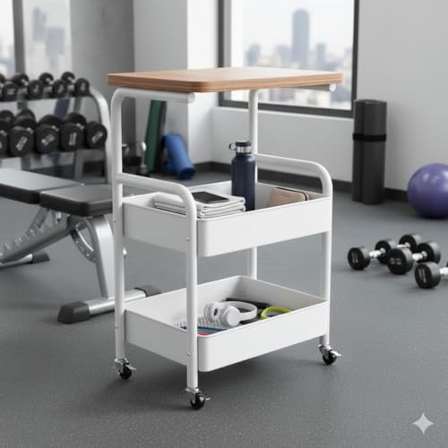 عربة تقديم معدنية من 3 طبقات بعجلات - عربة ادوات المطبخ وتناول الطعام مع رف علوي خشبي | منظم تخزين متعدد الاغراض للمنزل والفندق والمطعم (ابيض)