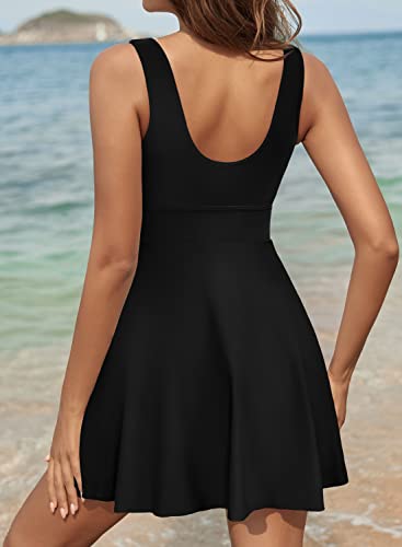 SHEKINI Women's Drawstring Front Cutout Swimdress Tummy Control One Piece Skirt Swimsuit4