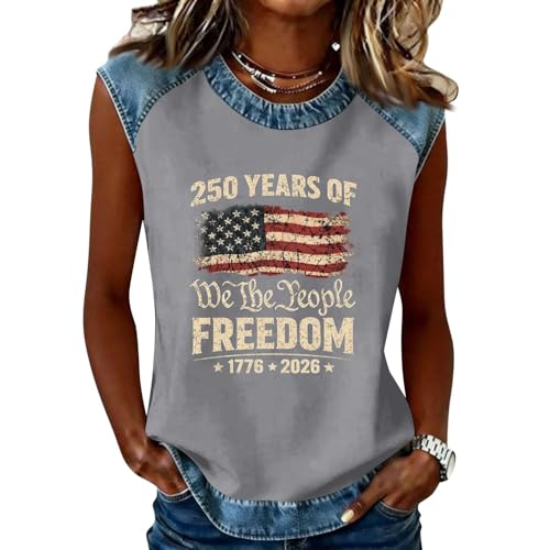 HHOSGPP USA 250th Anniversary Shirt | Women's 250 Years of Freedom Distressed Denim Trim America Flag Patriotic Sleeveless Blouse 1776-2026 Graphic Tee Shirt(04-Gray,XXL)