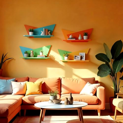 Image of Threehoney Mid-Century Modern Wall Set of 4 Colorful Floating Display Shelves Retro Style Starburst Wall Mounted Shelves Storage for Bedroom, Living Room Decor(Folding Geometry)