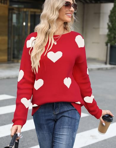 Image of Womens Cute Heart Sweater Crew Neck Long Sleeve Pullover Valentines Sweater