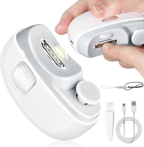 Electric Baby Nail Clippers 2-in-1 Emeralune Electric Polishing Automatic Nail Clippers Pro with Light Trimmer Nail Cutter Manicure for Baby Elderly Care Tool Elecctric Nail Trimmer With Lanyard-White