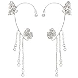 Silver Butterfly Drop Dangle Earrings - Zircon Rhinestone Ear Cuffs for Women - No Piercing, Perfect for Birthday or Wedding