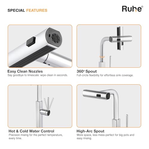 Image of Ruhe Arrow Kitchen Sink Mixer Pull-Out Sprayer Faucet Single Lever Tap with Triple Flow | 360 Swivel | Hot & Cold Water | Table Mounted Kitchen Sink Tap
