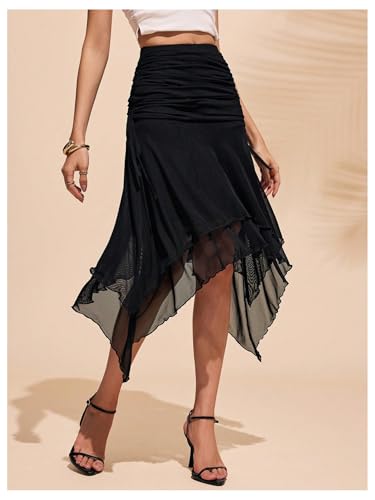 Women's Flowy Asymmetrical Skirt High Waisted Mesh Ruched Flared Midi Skirt Y2k Bodycon Coquette Skirts4