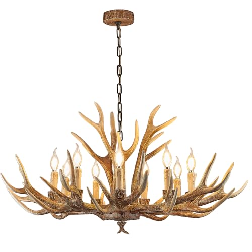 Vimatto Rustic Antler Chandelier Lighting, Vintage Chandelier 9-Light for Living Room, Resin Farmhouse 38inch Antler Light Fixture for Dining Room, Bedroom(9 Lamp arms+3 arms) by Vimatto - Used condition - US$243.98
