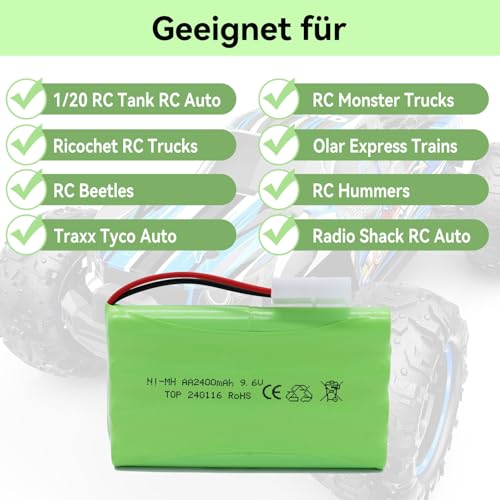Tosiicop 9.6V 2400mAh RC Akku - AA NiMH Wiederaufladbar Ferngesteuertes Auto Akkupack RC Rechargeable Battery mit KET-2P Stecker und USB-Ladekabel für Remote Control Truck Tank Boot und Schlachtschiff