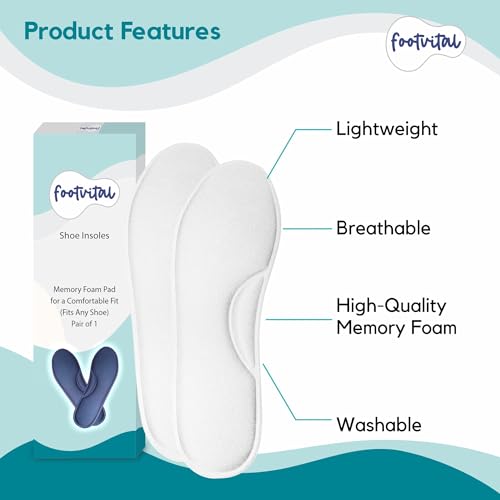 Image of Footvital Memory Foam Shoe Insoles for Men and Women | Soft Cushioned Inserts for Long Standing and Walking | Supports Heel and Arch | Shock Absorbing | Moisture Absorbing | Lightweight Washable Insoles for All Shoes | 1 Pair | White | Size 7