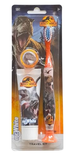 Jurassic World Kinder-Zahnbürsten-Reise-Set – inklusive Zahnpasta mit Erdbeergeschmack und weicher Zahnbürste mit Saugnapf und Schutzkappe | Reisefreundliches Mundpflege-Set für Kinder ab 3 Jahren