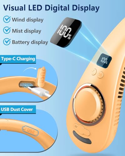 Image of Neck Fan that Blow Cold Air with Mist Spray, Rechargeable with Long Battery Powered, Foldable Water Cooler with LED Display, Leafless Necklace Fans for Women Adult Hot Flashes Summer Outdoor, Apricot