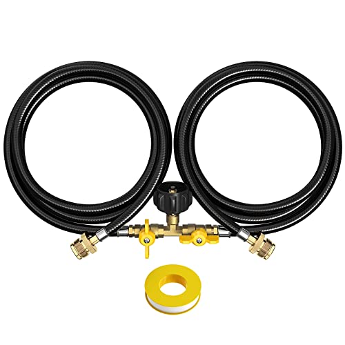 Alloxity 5FT Propane Splitter Hose 2 Way with Shut Off Valve Converter fit for Camp Buddy Heaters Weber Blackstone Griddle Grill Coleman Stove Weed Torch 1LB Portable Appliance to QCC1 5-40lb Tank