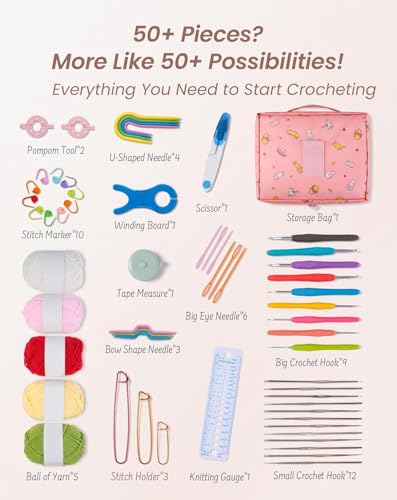 Image of WICHARSH Crochet Kit for Beginners & Adults - 59pcs Complete Starter Set with Ergonomic Hooks (0.6-6.0mm), Yarn, Tools & Travel Bag - Craft Gift for Women, Teens & Seniors