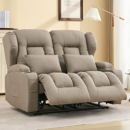 Image of IPKIG 54.2 inch RV Loveseat Recliner Sofa, Leathaire Fabric Wall Hugger Reclining Chair with Cup Holder and Side Pockets, Home Theater Seating Manual Recliner for Living Room (Khaki, Loveseat)