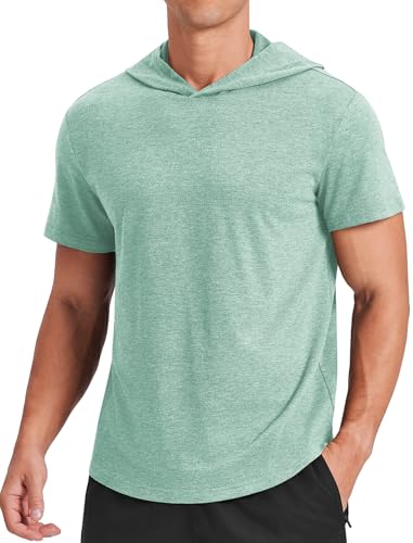 PINSPARK Mens Short Sleeve Hoodie Gym Shirts - Lightweight Quick-Dry Athletic Pullover Hooded Tee for Workout Fitness Ice Green