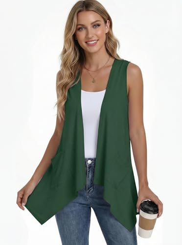 PrinStory Vest for Women Summer Lightweight Sleeveless Cardigans Casual Open Front Irregular Hem Vest with Pockets Plus Size Dark Green 3XL — view 2