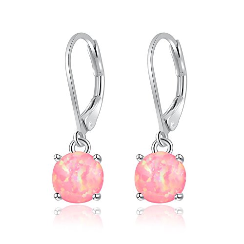 CiNily Round-Cut Opal Dangle Earrings, Pink Fire Opal Rhodium Plated Women Jewelry Leverback Gemstone Small Drop Earrings