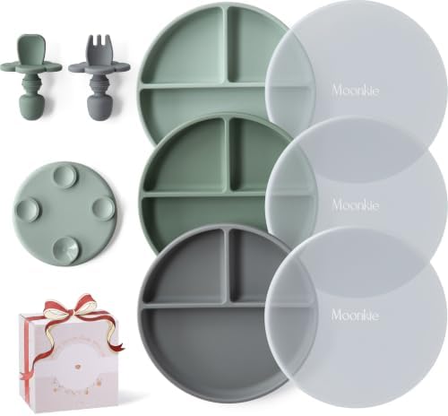 Moonkie 3pc Silikon Kinderteller mit Deckel, Baby teller mit Saugnapf, BPA-freie Rutschfest Geteilte Geschirr Set mit Gabeln und Löffel, Mikrowellen und Spülmaschinenfest(Mint/Grau