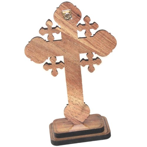 Layered Olive Wood Cross Carved By Laser With Holy Land Samples - Standing Or Hanging (12 Cm Or 5 Inches) Small/Certificate #TOP1
