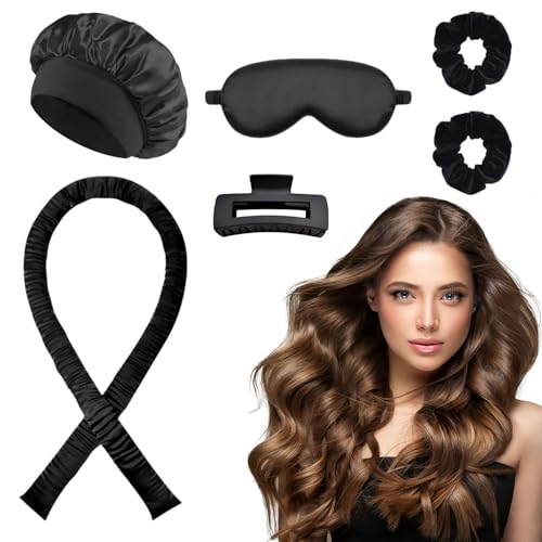 EUZUXU 6 Piezas Rizador de Pelo Sin Calor, Rizos sin Calor Durante la Noche con Gorro para Dormir, Set de Peinado DIY con Banda Rizadora, para Cabello Largo y Mediano - Negro