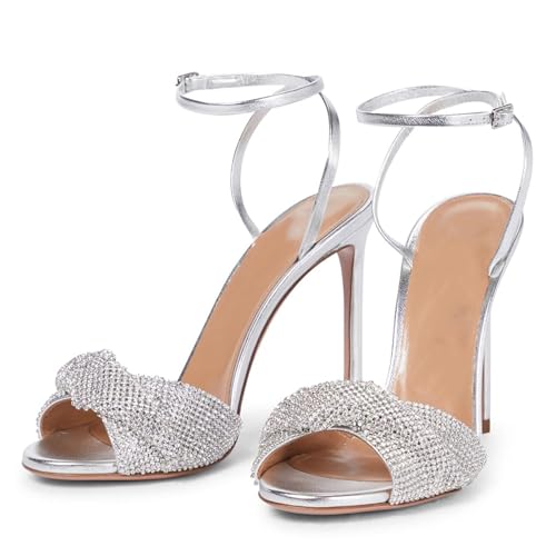 Sandales à strass en cuir argenté et talons hauts de mariage pour femme