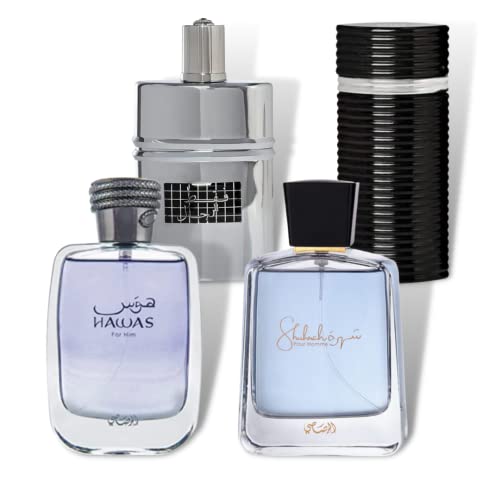 RASASI Xtra Value Collection - Hawas for Men 100ml(3.4 oz), Faqat Lil Rijjal for Men 50ml(1.7 oz), Shuhrah for Men 90ml(3.0 oz) & Egra for Men 100ml(3.4 oz) I