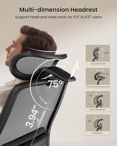 Image of ProtoArc EC200 Ergonomic Office Chair - High-Back Mesh Computer Chair with Lumbar Support, Adjustable Seat Depth & 3D Headrest Ergo Desk Chairs for Work from Home, 8+ Hours Comfort - Black