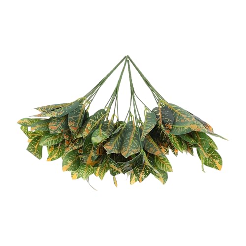 POPETPOP Croton Artificiel 4 Tiges 7 Bouquets Dorés Feuilles Changeantes Décorations Intérieures Extérieures Plantes Tropicales Artificielles pour Terrarium et Jardin Intérieur