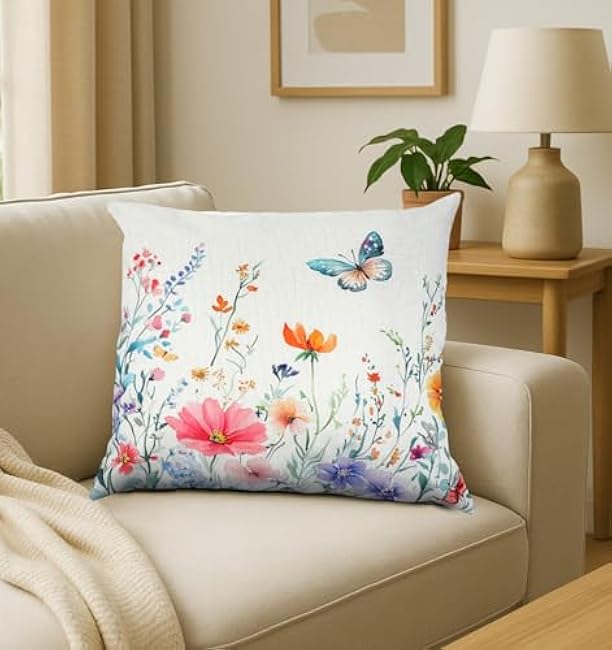 2PCS Spring Pillow Covers 18x18, Butterfly Pillow Covers, Boho Floral Farmhouse Decor, Removable Washable Cushion Cases for Couch Porch Living Room