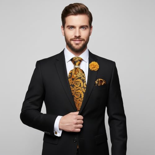 Image of 5PCS Tie and Pocket Square for Men, Silk Necktie and Handkerchief Cufflinks with Gold Ring and Lapel Pin Set