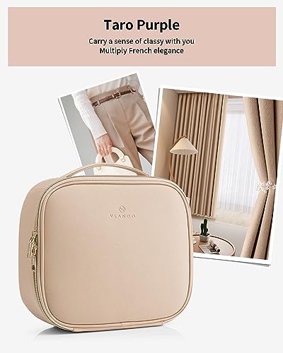 Vlando Travel Makeup Bag, Large Capacity Cosmetic Bag for Women PU Leather Makeup Case Organizer Portable Make up Bag with Dividers and Handle for Girls,Wedding,Makeup Brushes Milk Tea3