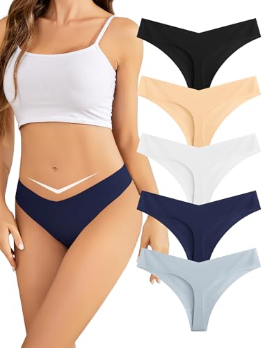 Image of voenxe Seamless Women Thongs,No Show Ladies Gym Comfy Invisible Underwear | Comfortable Soft Panties,Low Rise Laser Cut Workout No Seam Athletic Undies for Sports Running Exercise,5 Pack