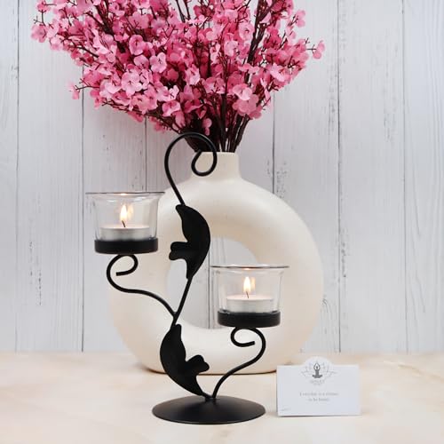 Image of Hosley Clear Glass Tealight Candle Holders|Black Tealight Candle Holders with Glass Holders Perfect for Home Decor, Birthday, Wedding, Parties,Tabletop,Centerpiece| 2-Cup Centrepiece, with Pack of 2 Tealights