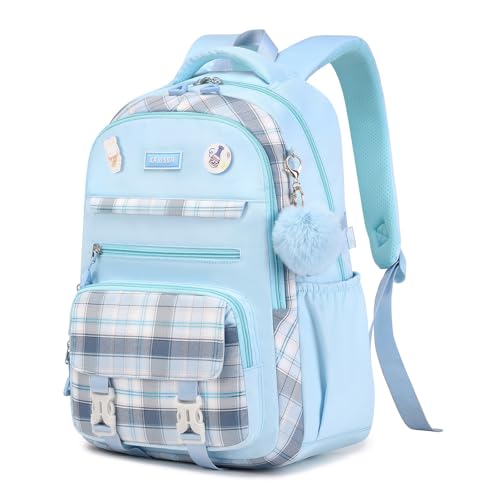 ASKSKY Mochila feminina para escola, bolsa de livros Kawaii para adolescentes, vários bolsos, mochila escolar para ensino fundamental e médio, 1 peça - azul, 26L
