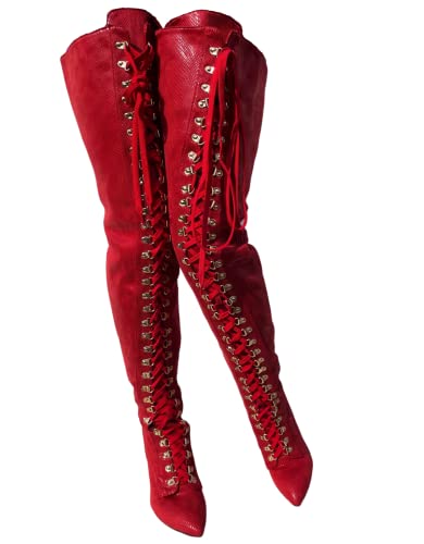 Frankie Hsu Sexy Red Snake Python Print Punk Over The Knee Boots High Heeled Stiletto Lace Up Vintage Style Retro Tall Wide Thigh Large Big Size Long Boot For Women Men, Black, 9 UK