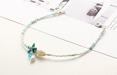 Zekui White Mini Bead Bracelet Beach Glass Beads Pearl Strings Women's Shell Blue Starfish Jewelry Handmade Adjustable Anklets Christmas Gifts 2Pcs #TOP6