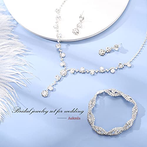 Unicra Bride Wedding Jewelry Sets Crystal Bridal Necklace Bracelet Earrings Set Silver Prom Costume Jewelry Set Rhinestone Choker Necklace for Women and Brides (A-Silver)