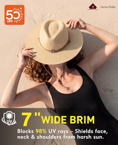 Image of Home Prefer UPF50+ Men's Wide Brim Straw Fedora Sun Hat with Badge Lanyard